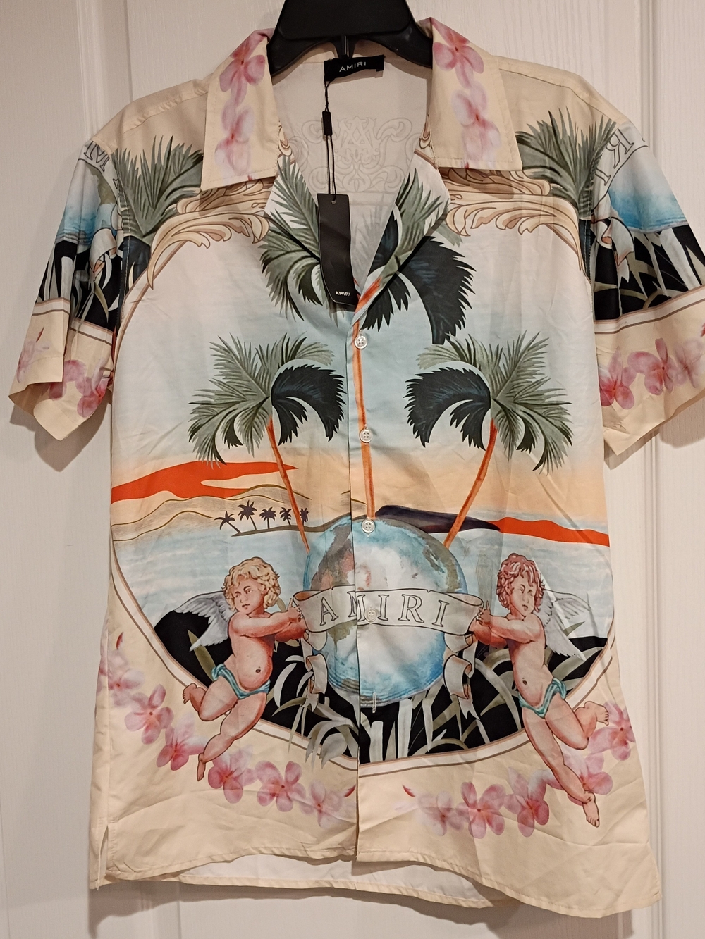 AMIRI Tropical Cherub Silk Button-Up Shirt - Cream Multi - Size Large